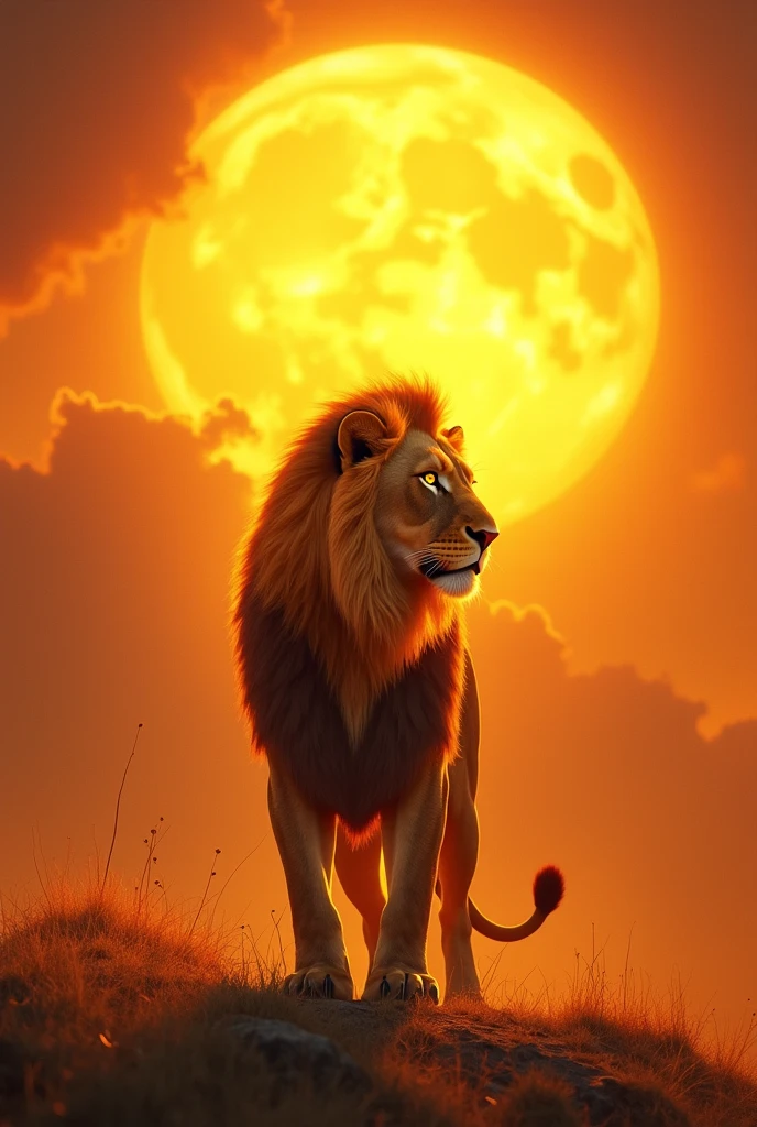 Draw the sun very big and bright and a lion being illuminated by the sunlight and becoming splendid.