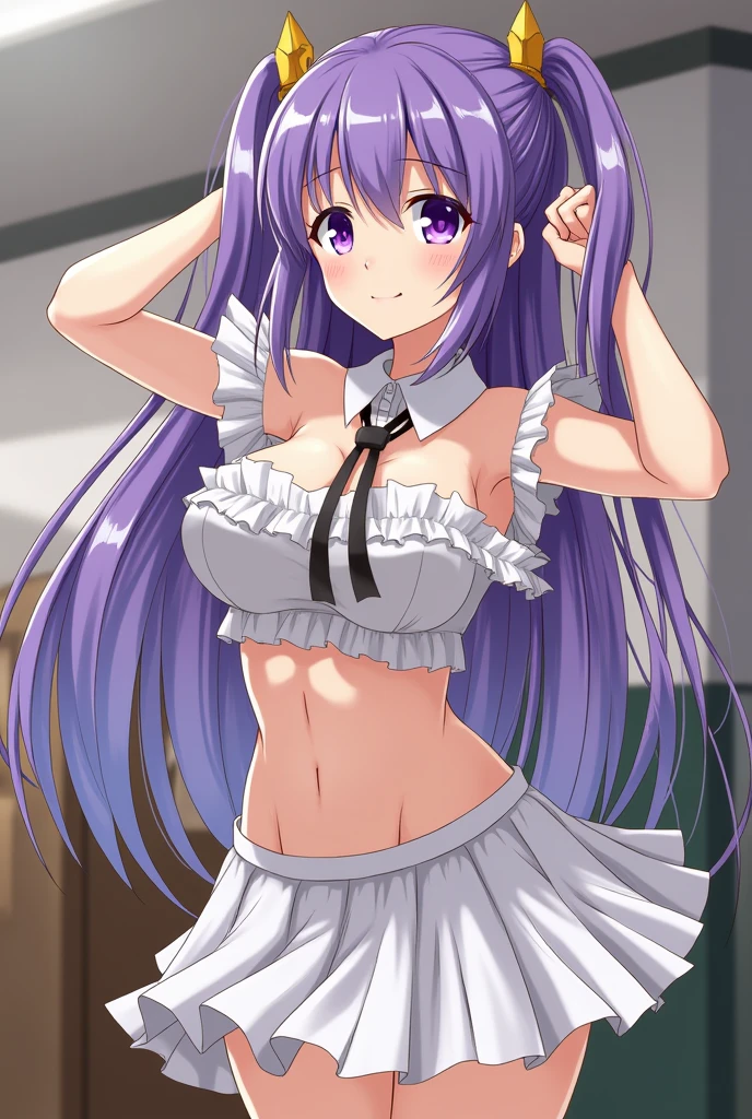 Best Quality, Highly Detailed, nsfw:1,purple hair,long hair,(panty focus:1),from below:1.5,(((flat chest:1))),(((small breast:1))),Strong winds:2,Skirt flip、、Embarrassed face