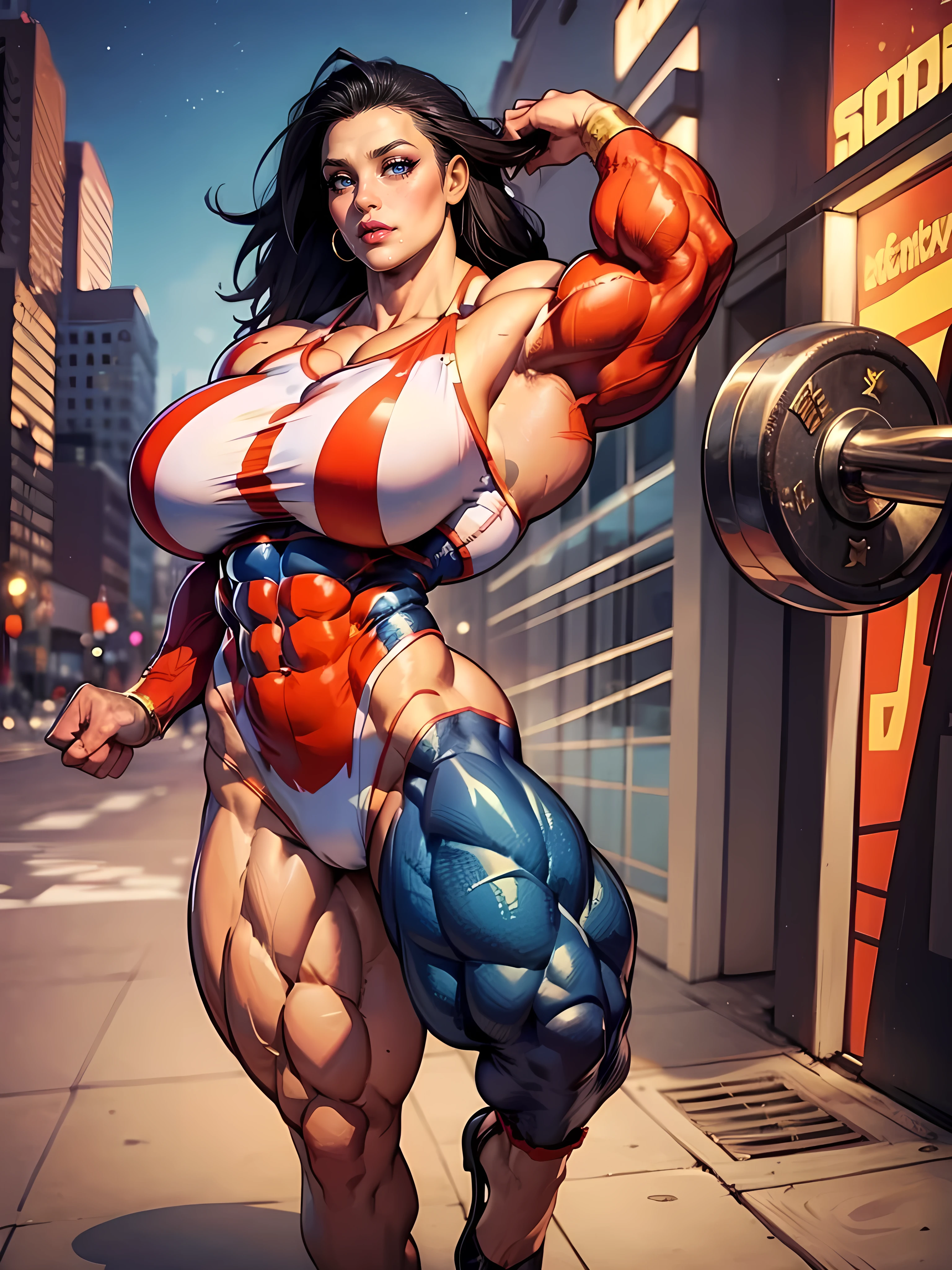 Masterpiece, (Full Body), domino mask, american flag print, striped bodysuit, red cape,starandstripe, antenna hair, (Wide Hips), (Slim Waist), (Long Legs:1.5), (((Massive Female Bodybuilder:1.7))), ((Huge Breasts:1.7)), ((Perfect Anatomy))