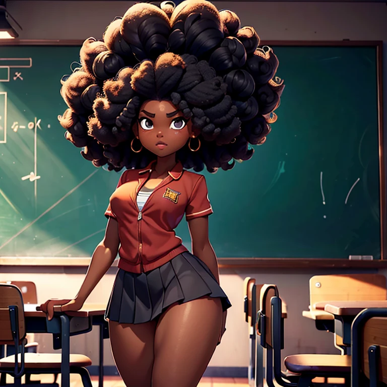 HD, dark skinned, young girl, age 8, humanoid, honey, black afro hair, (((afro hair))), Jackie Parris, ((((Jackie Parris)))), full body cgsociety, 3 d character art, full character body, detailed full body concept, stylized character, erotica, ((young girl, 1girl, age 8)), ((complex detailed background, inside, school, classroom, bright lighting)), chubby, small, short, defiant pose, frowning, wearing school uniform