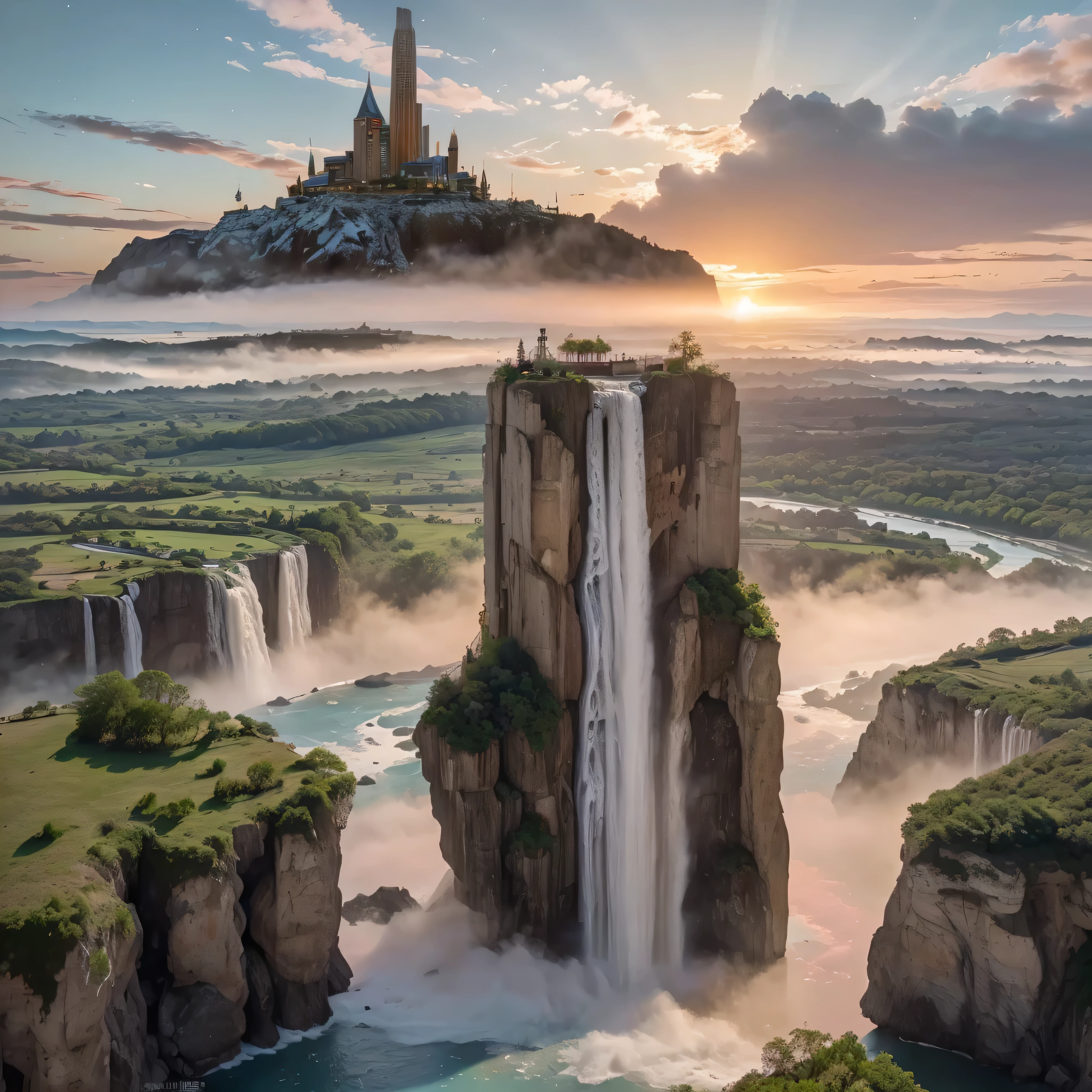 (8k, highest quality, masterpiece, final fantasy style: 1.2), (unRealistic, photoRealistic: 1.37), Dreamy landscape, epic scenes, sunset, Fantasy, Unsurreal landscapes, Super detailed, (((Flying futuristic  Castle, Floating Island in the Sky)))), Seven-colored swirl of light, Intense lightning, nebulas,Complex Light, Colored light, blue clear Large Lake, Starry sky reflected on the lake surface, Countless shining stars, Meteors,  Reflections , (A pillar of light emanated from the ground:1,2), (((roses and orchids gardens , bright sunset, pink and blue clouds, waterfalls in the sky, realistic style))), ((Hyperrealistic drawing , burning futuristic skyscrapers)) , , timeless realms, healing light magic effect, in a crystal clear blue magical lagoon of the fairyland, crystal clear waters with silver surface reflections, sharp focus, (close-up:0.9), (bright white theme:1.2), (bright white tone:1.2), (deep blue tone:1.3),((( realistic, Hyperrealism, vivid colours , landscapes , alien nature , science fiction themes))), (((mountains and abyss, water resources and waterfalls , fog , waterfalls in the sky))), 3D, 