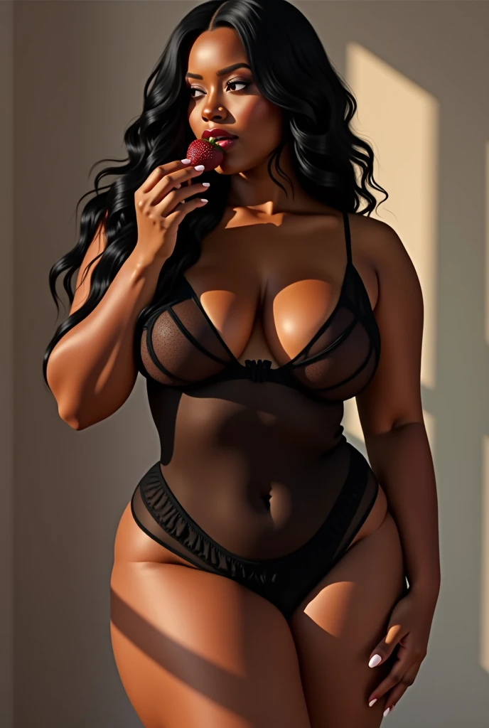 ((african goddess woman)), dark skin, (realy luxuriant afro-textured hair rainbowned), gorgeous, sexy, curvy, busty, (geisha eyes), ((heterochromia eyes)), (laced black stockings), see through laced stockings, (laced stockings), realistic, detailed, hyper realistic, high detailed, 8k, hourglass body shape