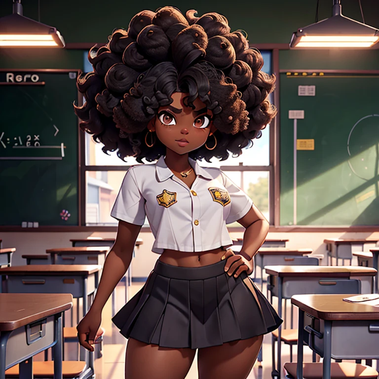 HD, dark skinned, young girl, age 8, humanoid, honey, black afro hair, (((afro hair))), Jackie Parris, ((((Jackie Parris)))), full body cgsociety, 3 d character art, full character body, detailed full body concept, stylized character, erotica, ((young girl, 1girl, age 8)), ((complex detailed background, inside, school, classroom, bright lighting)), chubby, small, short, defiant pose, frowning, wearing white school uniform