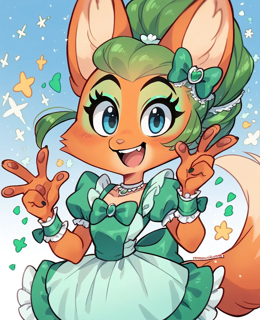 little fox, kid girlfox, green hair, ginger fur, blue eyes, cute kid, alone, face similar to Diane Foxington, kid, green idol dress, green makeup, open mounth, happy, alone