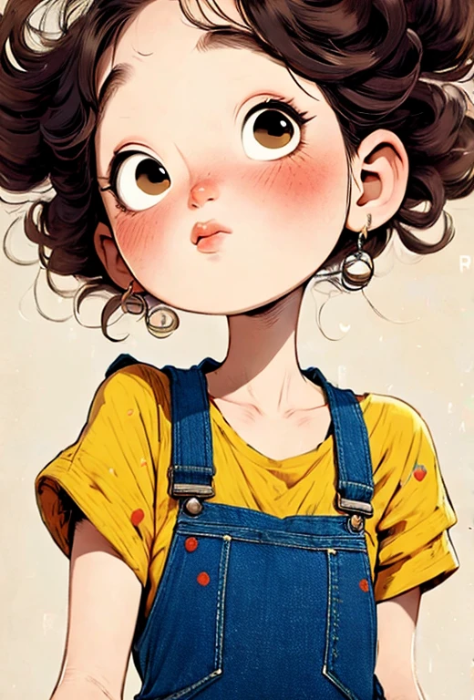 (masterpiece, best quality:1.2), The art of math，cartoonish character design。1 girl, alone，big eyes，Cute expression，curly short brown afo hair，denim overalls，hand，avatar，portrait，interesting，interesting，clean lines，Human anatomy is correct
