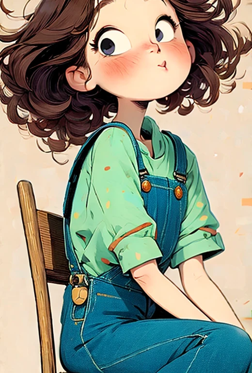 (masterpiece, best quality:1.2), The art of math，cartoonish character design。1 girl, alone，big eyes，Cute expression，curly short brown afo hair，denim overalls，hand，avatar，portrait，interesting，interesting，clean lines，Human anatomy is correct
