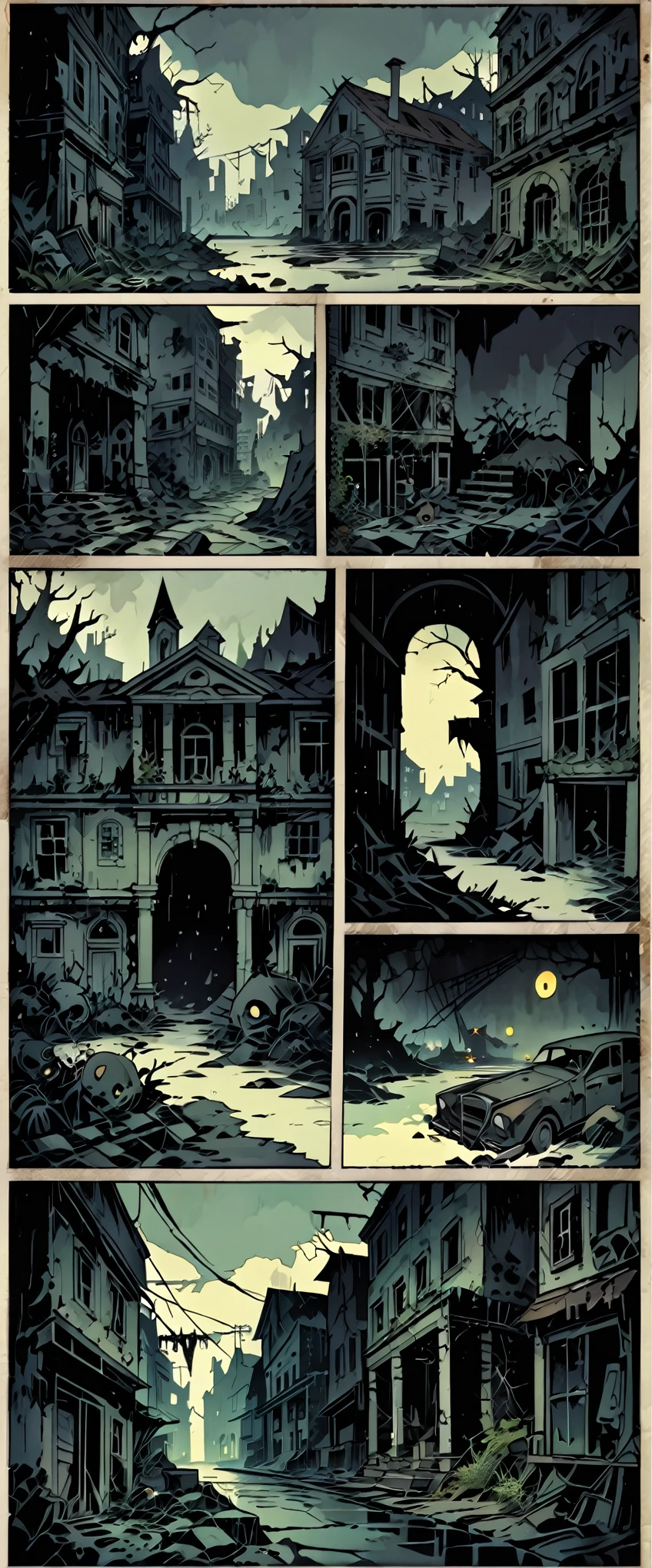 high-definition 8k comicish artwork in dgst artstyle of decayed city, crumbling buildings, abandoned streets, overgrown vegetation, dark alleys, eerie atmosphere, gothic architecture, worn cobblestones, cracked pavements, broken windows, dilapidated structures, misty air, bloodstains, flickering lights, unsettling silence, 1920s-inspired, post-apocalyptic, gloomy environment, oppressive sky, heavy fog, decrepit town, isolated settlement, dark fantasy, survival horror, oppressive, grim tone, fear-inducing, unsettling silence, dark shadows, bleak lighting, muted color palette, thick outlines, gothic horror, desolation, cold air, Fear and Hunger-inspired, mysterious and eerie, isolation, deserted streets, haunted ruins, broken lampposts, overgrown plants, distant howls, old storefronts, abandoned cars, decayed homes, closed-off areas, danger lurking in shadows, unsettling feeling of being watched, remnants of a past life, industrial ruins, scattered debris, dark post-apocalyptic atmosphere, exploration-focused, flat, minimalist, clean lines, cold and eerie, detailed, thick outlines
