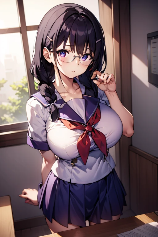 hanekawatsubasa, hanekawa tsubasa, long hair, black hair, hair ornament, (purple eyes:1.1), braid, hairclip, twin braids, naoetsu high school uniform, glasses,
BREAK skirt, school uniform, naoetsu high school uniform,
BREAK indoors, classroom,
BREAK looking at viewer,
BREAK (masterpiece:1.2), best quality, high resolution, unity 8k wallpaper, (illustration:0.8), (beautiful detailed eyes:1.6), extremely detailed face, perfect lighting, extremely detailed CG, (perfect hands, perfect anatomy),