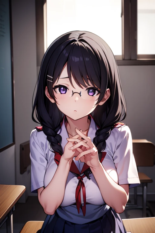 hanekawatsubasa, hanekawa tsubasa, long hair, black hair, hair ornament, (purple eyes:1.1), braid, hairclip, twin braids, naoetsu high school uniform, glasses,
BREAK skirt, school uniform, naoetsu high school uniform,
BREAK indoors, classroom,
BREAK looking at viewer,
BREAK (masterpiece:1.2), best quality, high resolution, unity 8k wallpaper, (illustration:0.8), (beautiful detailed eyes:1.6), extremely detailed face, perfect lighting, extremely detailed CG, (perfect hands, perfect anatomy),