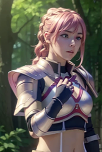 lapis fe, 1 girl, Alone, looking at the viewer, blush, hits, gloves, upper body], braid, hair band, outdoor, Chapped lips, sky, day, hand up, pink eyes, armor, tree, Covered navel, blurred background, Hand on own chest, shoulder armor, side braid, breastplate, red armor