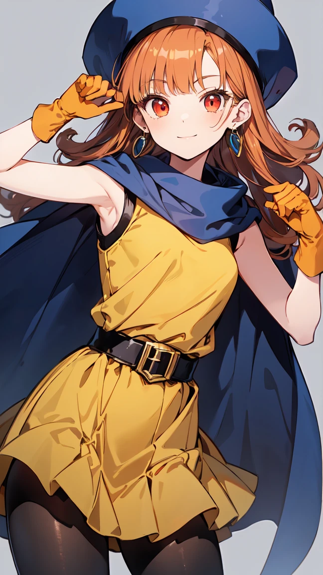 Arena-dq4, DQ4 Arena,Black Pantyhose,Blue Cape,Blue hat,boots,Curly Hair,Earrings,Long Hair,Orange gloves,Orange Hair,Red eyes,Sleeveless,Yellow Dress,Yellow Skirt, 1 girl, alone, Face-to-face audience, ["Gazing at the viewer, smile, random pose