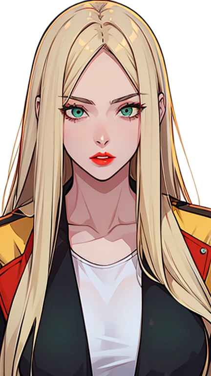Girl, long straight blonde hair, green eyes, sharp features, white skin, bright red lips, perfect, t-shirt, jacket