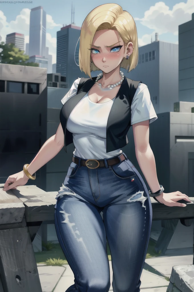 Android 18, from dragon ball, blue skirt, blonde short hair, blue eyes, city background, sexy look, showing armpits and pussy, half naked, perfect proportions.