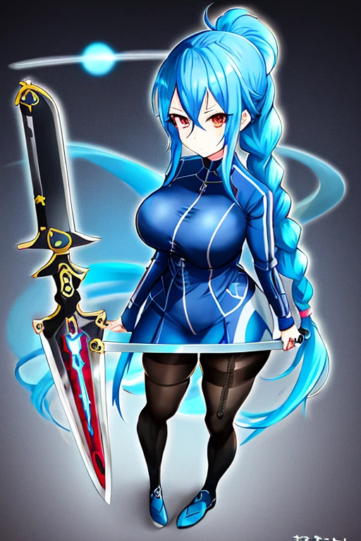 big tits. female. knight . metal armor. sword. leotard. smile hero. bluee hair