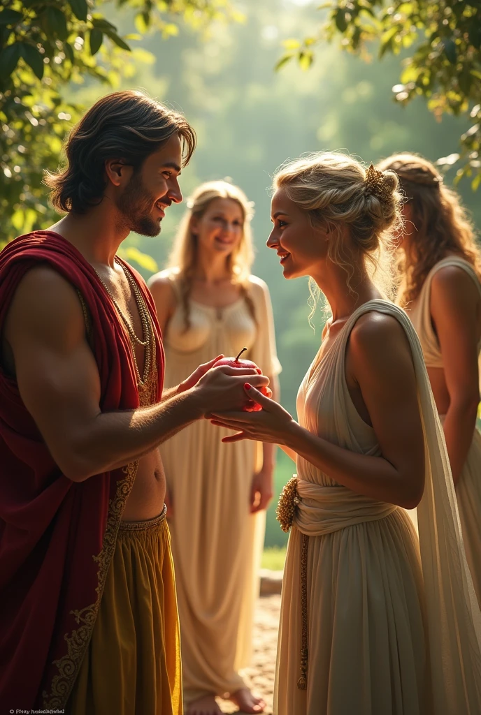 Handsome Roman without Horn Jinn give glass of water to beautiful Roman lady cutting wood's forest pathway   closure 