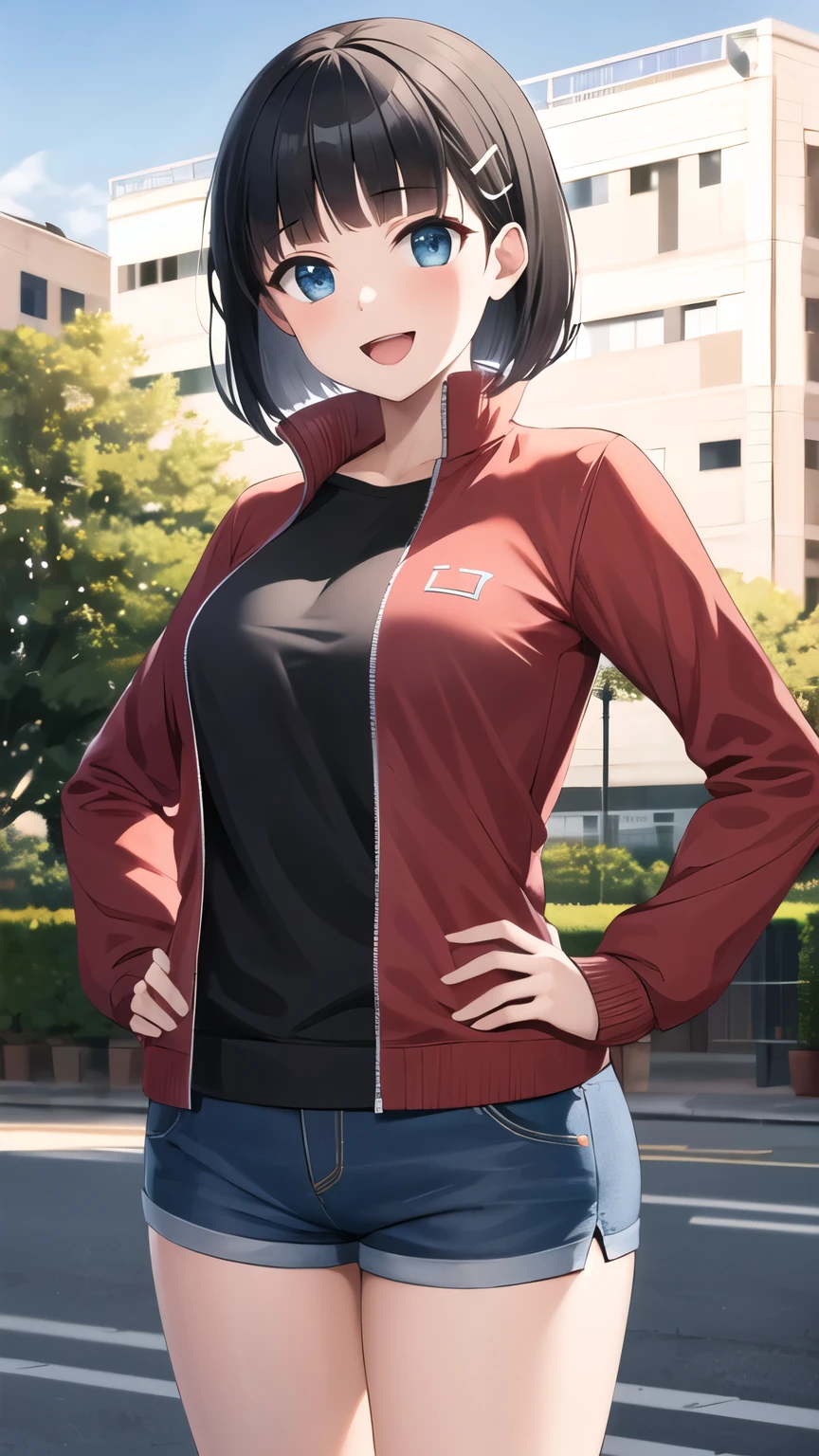 masterpiece, best quality, highres, aasugu, short hair, hairclip, large breasts, track jacket, red jacket, black shirt, blue shorts, hand on hip, smile, open mouth, outdoors