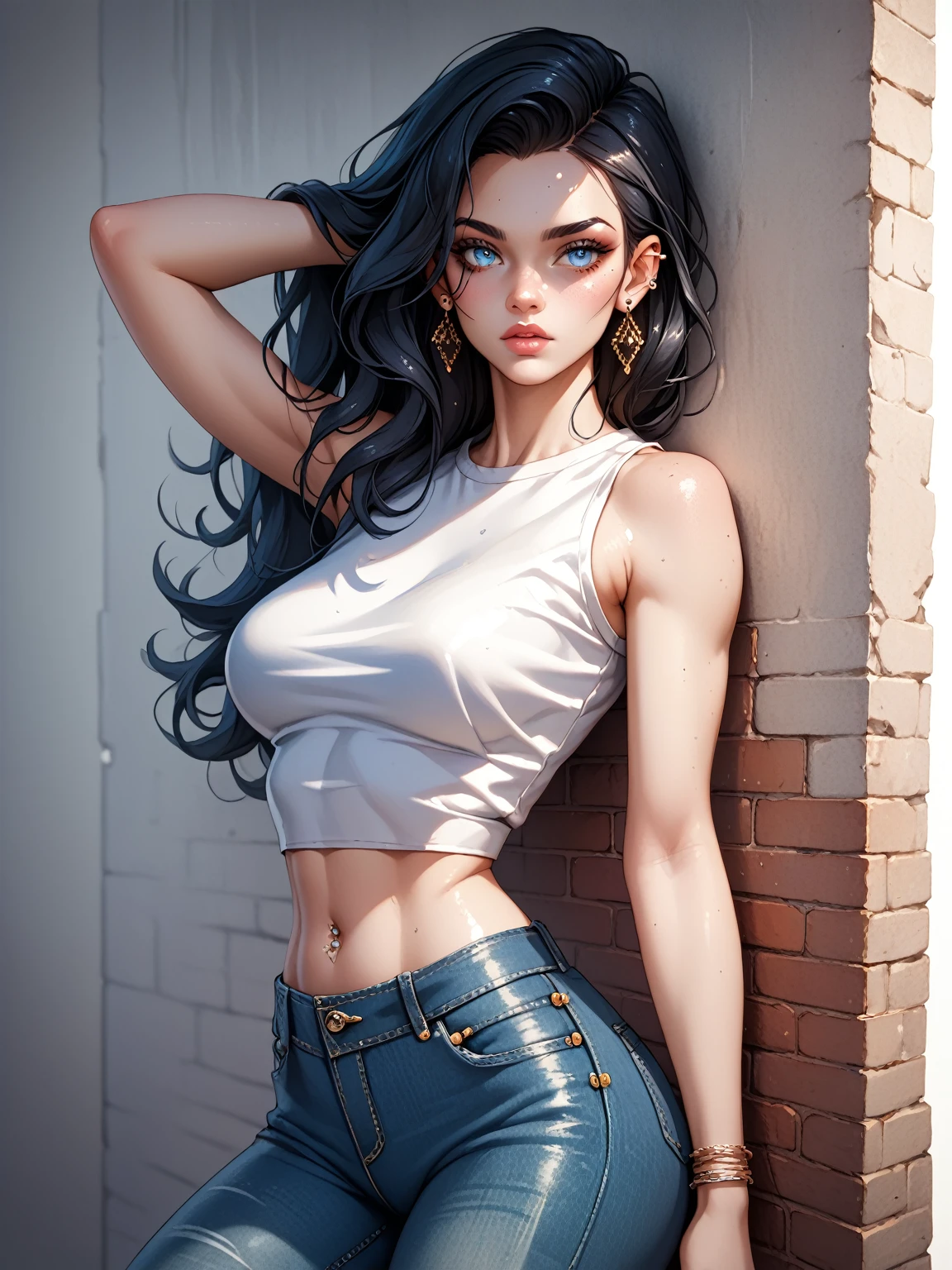 {{Artist: midjourney}}, {{Style: Watercolor}}, beautiful woman, leaning on wall, relaxed pose, low rise jeans, midwaist tight crop top, navel piercing, stud ear piercing, shoulder length black hair, pale skin, light blue eyes