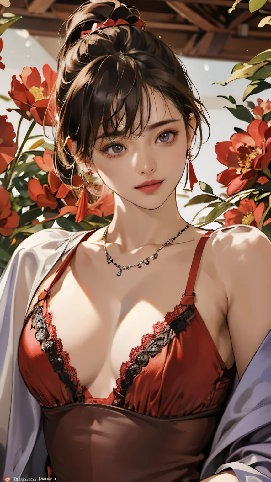 One person, (Urzan-6500:0.7), K-Pop Idols, yae miko, bikini, Removable sleeves, Exposing shoulders, Pink Hair, Long Hair, スーパーマイクロbikini, Highest quality, (Painting:1.5), (hair ornaments:1.35), jewelry, Purple eyes, Earrings, chest, torii, cherry blossoms, Lantern Light, Depth of written boundary, Detailed face, Face Focus, ribbon_trim, (View your viewers:1.25), Non-traditional Shrine Maiden, Glowing Skin, Long sleeve, smile, Thick lips, Game CG, Put your hand on your lips, East Asian architecture, (Blurred Background:1.2), Sitting, Upper Body, スーパーマイクロbikini
