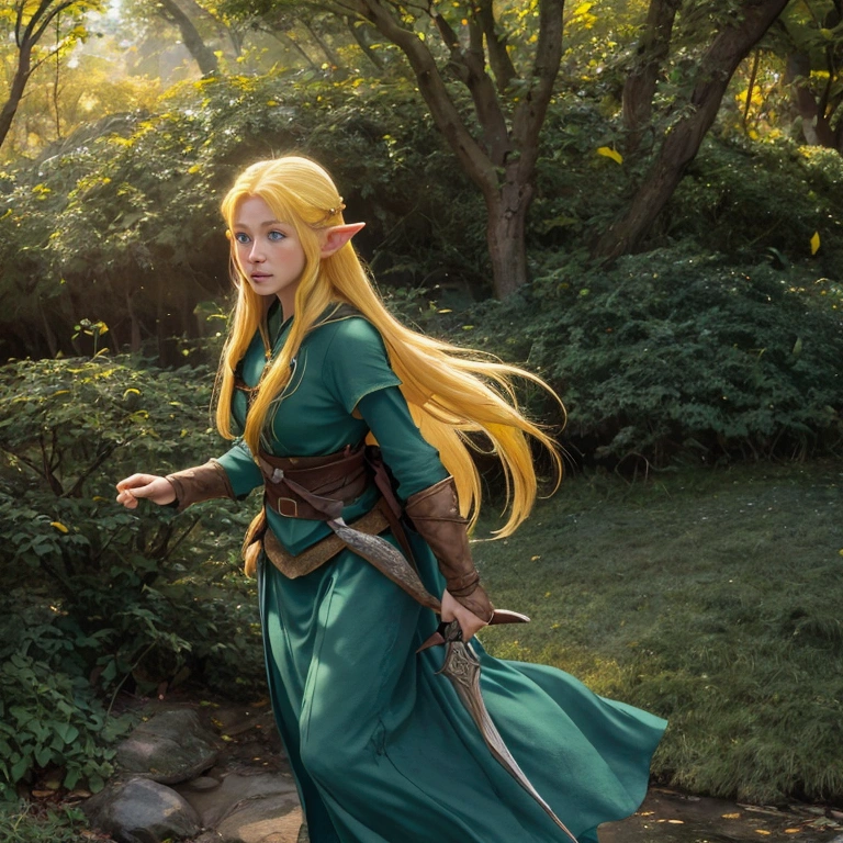 a beautiful elf woman with blonde long hair and green eyes in Ryô Mizuno style, in a forest, high elf very beautiful armor