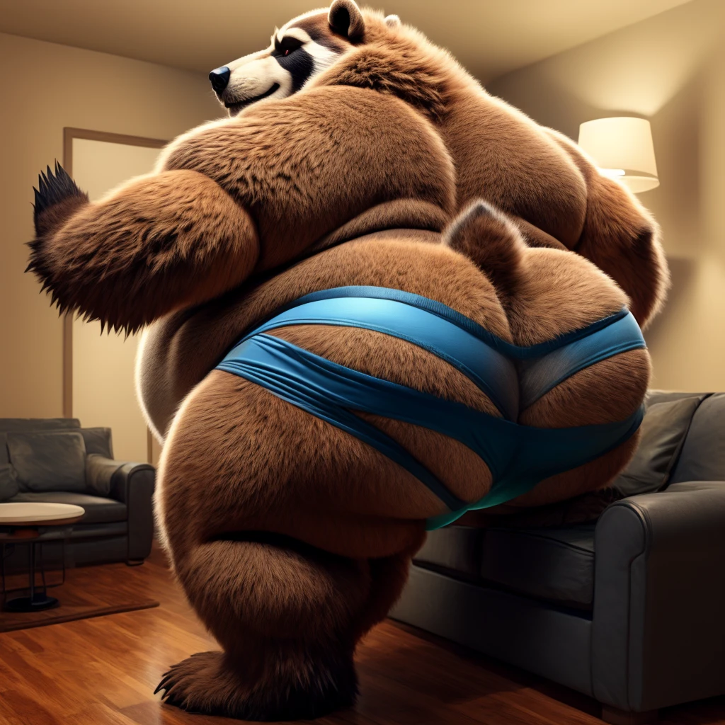 Fat Huge 550 Pounds Daddy Furry(Beast Grizzly Raccoon) Big Belly, and Large Chunky body,Standing up on the Sofa, His Belly is Bigger, Huge, Fat, Chunky, Furry, Big, and Massive, And (Wearing Underwear and Also Turned around and Showing his Big Soft Furry Butt).