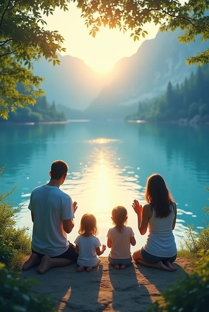 Avec l'IA, faites une photo d'un couple avec leur 2 enfants au lac d'annecy, l'homme à les cheveux long et noir, la femme a les cheveux blonds et porte des lunettes. Et avec leurs enfants, un garçon de trois ans avec des cheveux noirs atteignant son front et une fille de 5 ans, aux cheveux long.