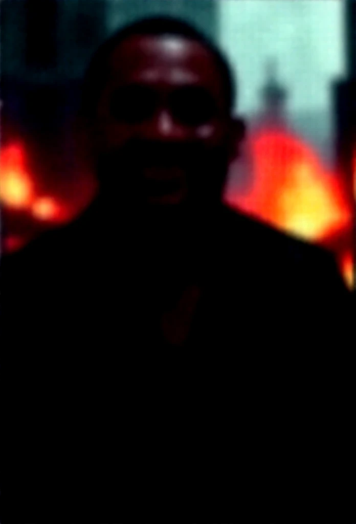 Man with evil smile ,Button-down shirts, It rains in the city, fires burning in the background, shaved head, Red edge lighting, in 8K, hyper HD, [Frankness, amator], 灯光, Upper body, The face is rich in detail, closeup cleavage, serius face, evil