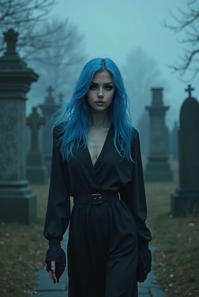 Extremely detailed 4k photograph of a goth girl with blue hair, green eyes, seductive gaze and soft smile, in a graveyard with nameless graves and the moon in the sky