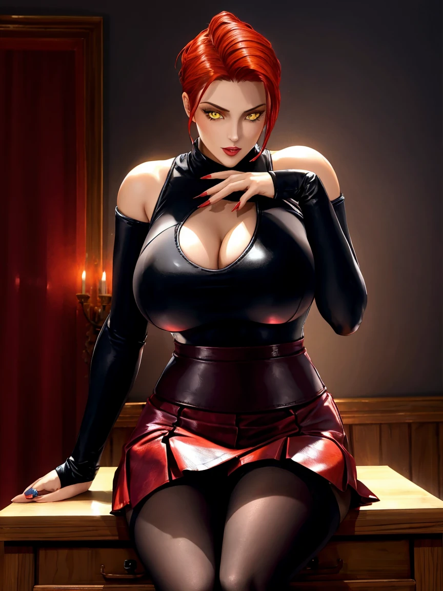 (best quality:1.4),  assumi,BREAK,(red hair:1.3),(slicked back hair:1.3),full lips, makeup, BREAK,( yellow eyes:1.4), choker, hoop rings, BREAK,(black turtleneck with long sleeve:1.3), big breasts,bracelets,(long fingernails:1.4), BREAK (leather red skirt:1.3), lace-pantyhose,high heels,sit behind desk, deep cleavage,
 