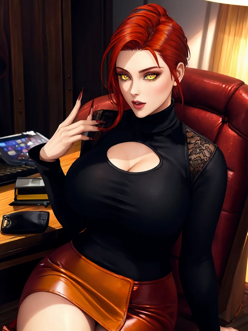 (best quality:1.4),  assumi,BREAK,(red hair:1.3),(slicked back hair:1.3),full lips, makeup, BREAK,( yellow eyes:1.4), choker, hoop rings, BREAK,(black turtleneck with long sleeve:1.3), big breasts,bracelets,(long fingernails:1.4), BREAK (leather red skirt:1.3), lace-pantyhose,high heels,sit behind desk, deep cleavage,
 