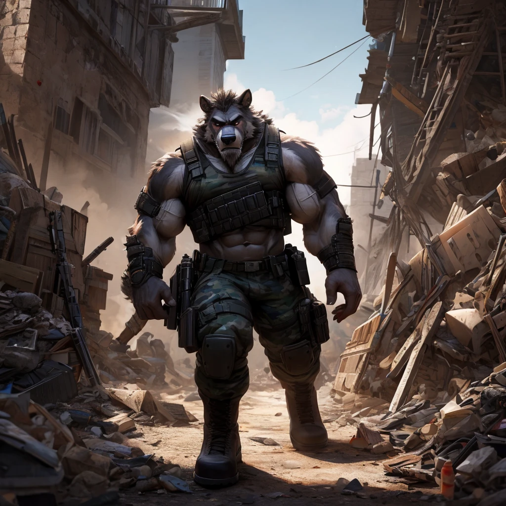 solider, buffalo face, battle field, full body