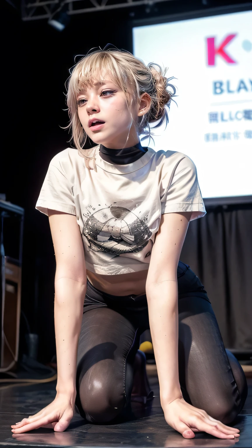 Highest quality, masterpiece, Ultra-high resolution,8K, (Realistic:1.6), (Make-up portrait:1.4) RAW Photos,((Platinum pink ponytail hairstyle)), ((loose socks)),Soft looking breasts,((Jet black blue mini skirt fashion)),((Up Facial)),((k-popアイドルメイク)),One girl,(smile, Showing teeth)), 26 talents,,((Looking up at the audience)),Face Focus:1.4,((Shooting from above with a fisheye lens:1.4)),