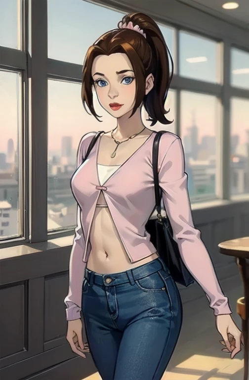 KittyPryde_Dress_ownwaifu, 1girl, brown hair, ponytail, necklace, jewelry, blue eyes,  lipstick,long sleeves, lips, long hair, medium breasts, blush, hair bun, scrunchie, makeup, red lips, hair ornament, jeans, denim,  shirt, blue pants, ((midriff)), (bare midriff), navel, capri pants, pink jacket, cardigan, indoors, shopping mall, walking,  absurdres, ultra detailed, masterpiece, best quality, aesthetic, detailed,