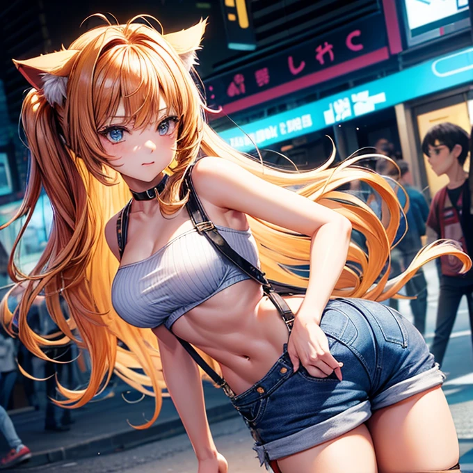 8k, masterpiece, best quality, realistic, higly detailed, cowboy shot, 1girl, solo, miku, emotionless looking girl, medium-length red hair, strands of hair hanging over the right side of her face, a set of wireless headphones that have a triangle-shaped logo on the ear cups around her neck, dark blue eyes, average height, well-endowed figure, large breasts, bangs cover her right eye, Lion of Pride