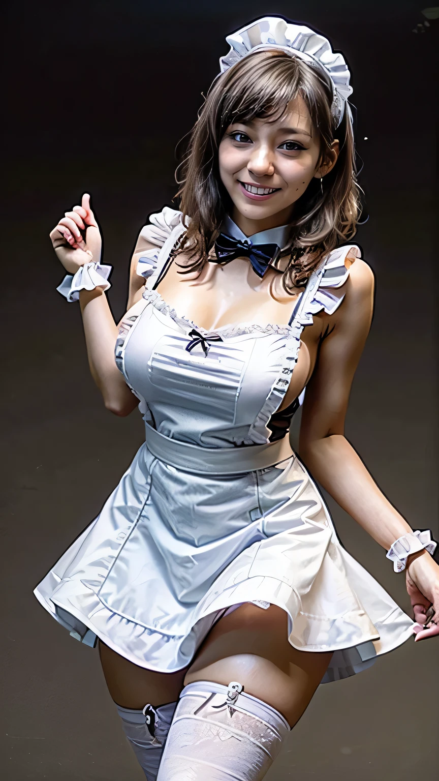 (Japanese maid cafe staff、Girl in maid outfit、Standing)、(Realistic、Like a photograph、Live Action、8k, Realistic, RAW Photos, Best image quality: 1.4), Single-lens reflex camera、RAW Photos, Highest quality, Realistic, Highly detailed CG Unity 8k wallpaper, Detailed border, Cinematic Light, Lens Flare, Ray Tracing, Realistic background、(Wearing maid uniform:1.2、Mini skirt maid outfit:1.4、Wear clothes that accentuate your bust size:1.3、Apron over skirt:1.5、Over the knee socks:1.2、Thin thighs)、(Carrying coffee)、Medium Hair、tie your hair with a hair clip、((Ultra-Dense Skin))、 (whole body:1.5)、(Squint your eyes and laugh、A big smile)、Pay attention to the details、Perfect outfit、Earrings、(White skin)、Accurate Arm、Accurate legs、Accurate anatomical body、Precise fingering、(View from below)