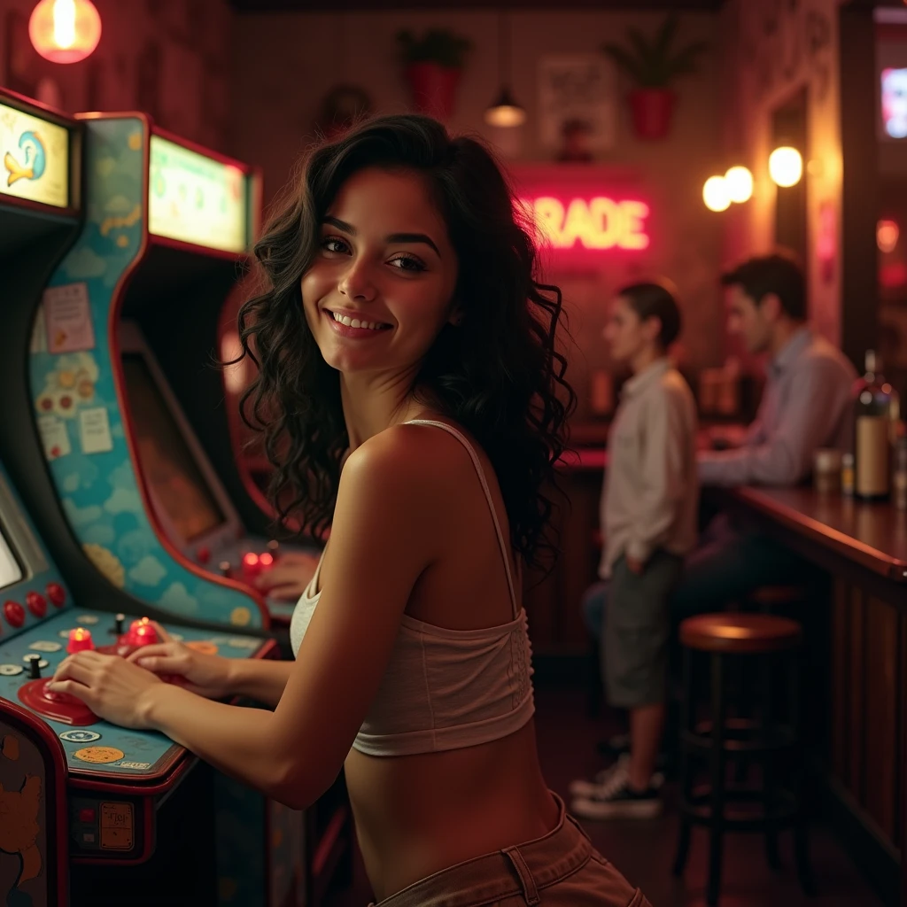 amazing porn, sexually suggestive, a beautiful smiling latina teen pornstar in a school yearbook photo wearing a blue tshirt, wide eyes, small proportional nose, cowboy shot, show navel, perfect body, standing in arcade, wide sparkling eyes, full lips, high ponytail, cowboy camera angle, vneck cleavage, nsfw, standing straight!, wearing blue shorts,