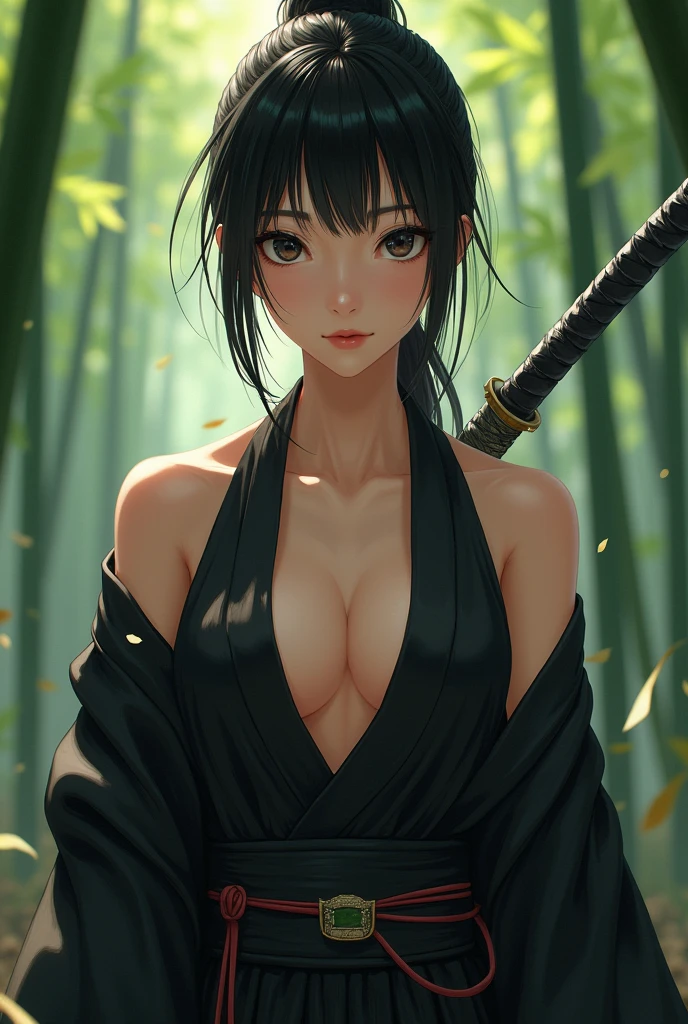 Top quality, masterpiece, high resolution, 独奏, sumi-e style, samurai girl, long black hair that reaches her shoulders, black eyes, kimono, holding a Japanese sword, Absence,beautiful posture, bamboo forest, moonlit night