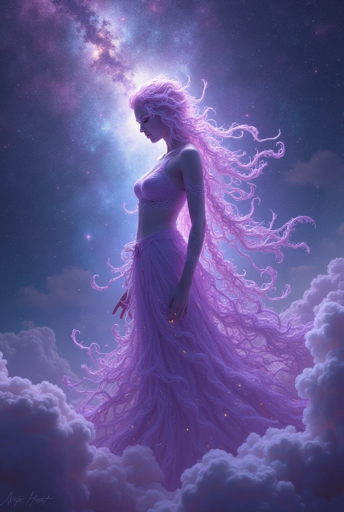 Korean purple hair butterfly woman with headphone and transparent cosmic dust suit and white hair white woman flying over satellites in space galaxy friends