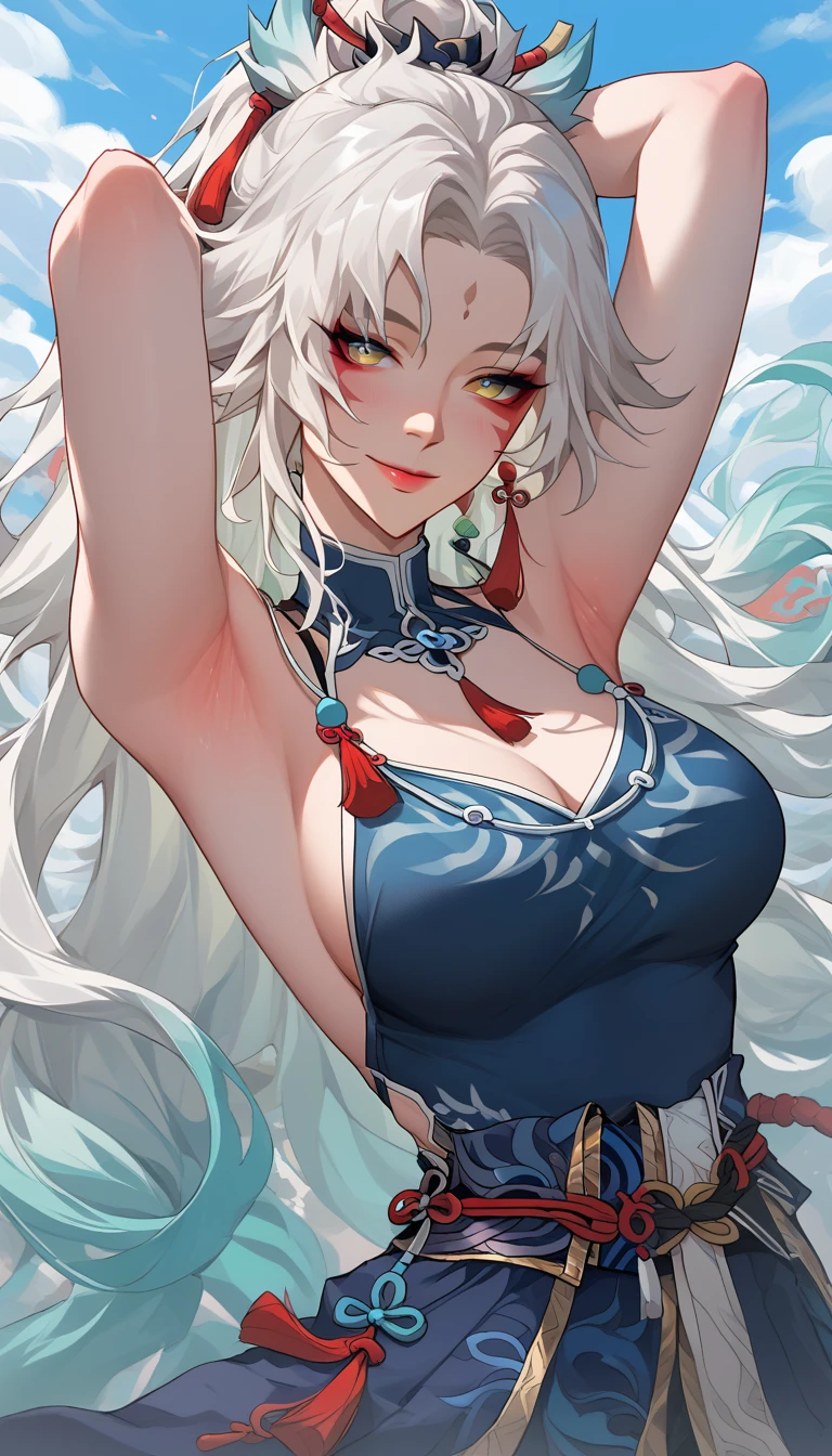 anime girl with long white hair and blue dress posing, white haired deity, by Shitao, seductive anime girl, white haired, perfect white haired girl, white haired lady, white-haired, onmyoji portrait, white - haired fox, onmyoji, anime goddess, armpits