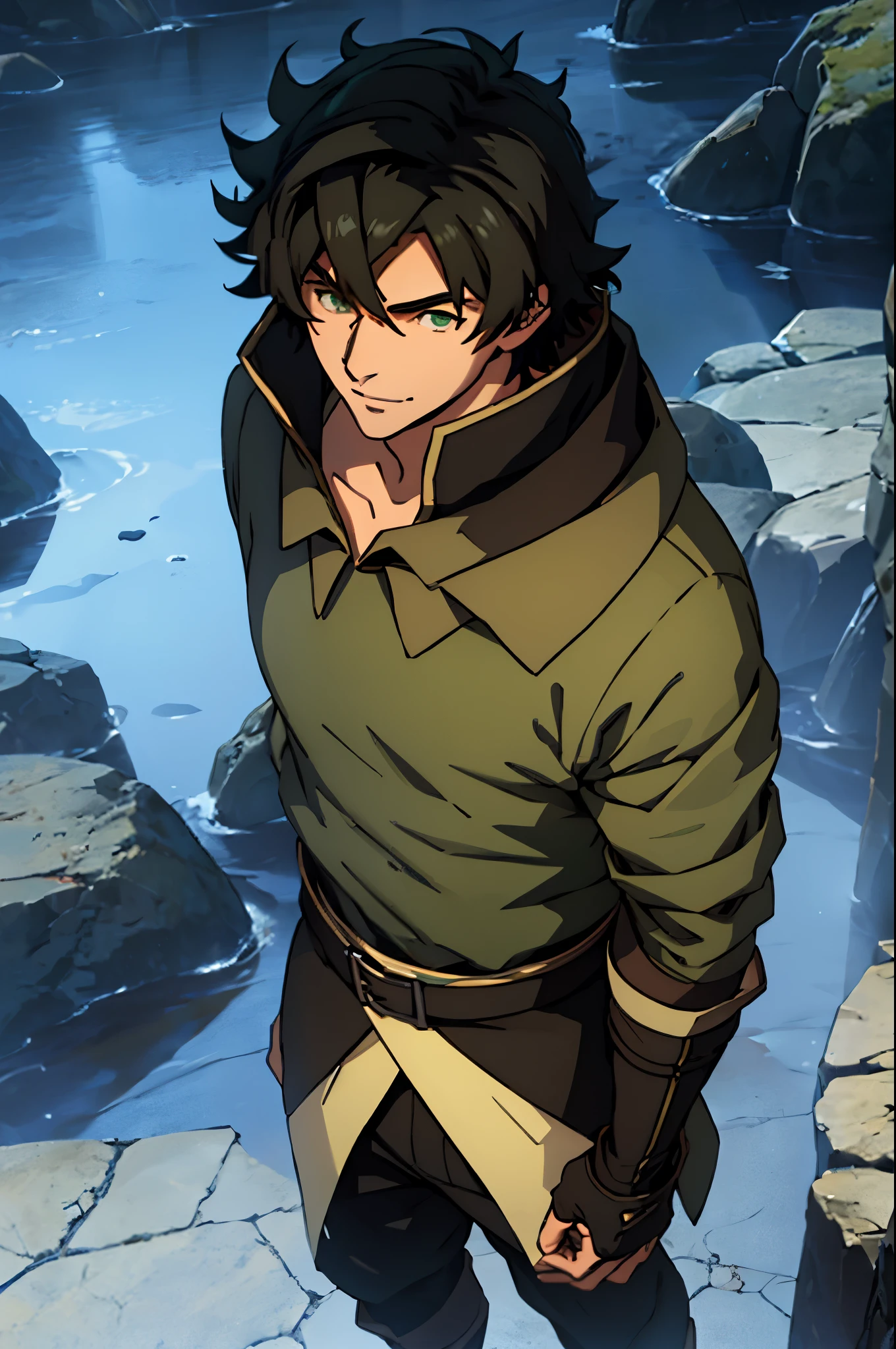 1boy, dark brown hair, solo, green eyes, 1boy, male focus, devious closed smile, jewelry, black hair, hood down, (masterpiece), best quality, expressive eyes, perfect face, concept art, fullbody, adventure clothes