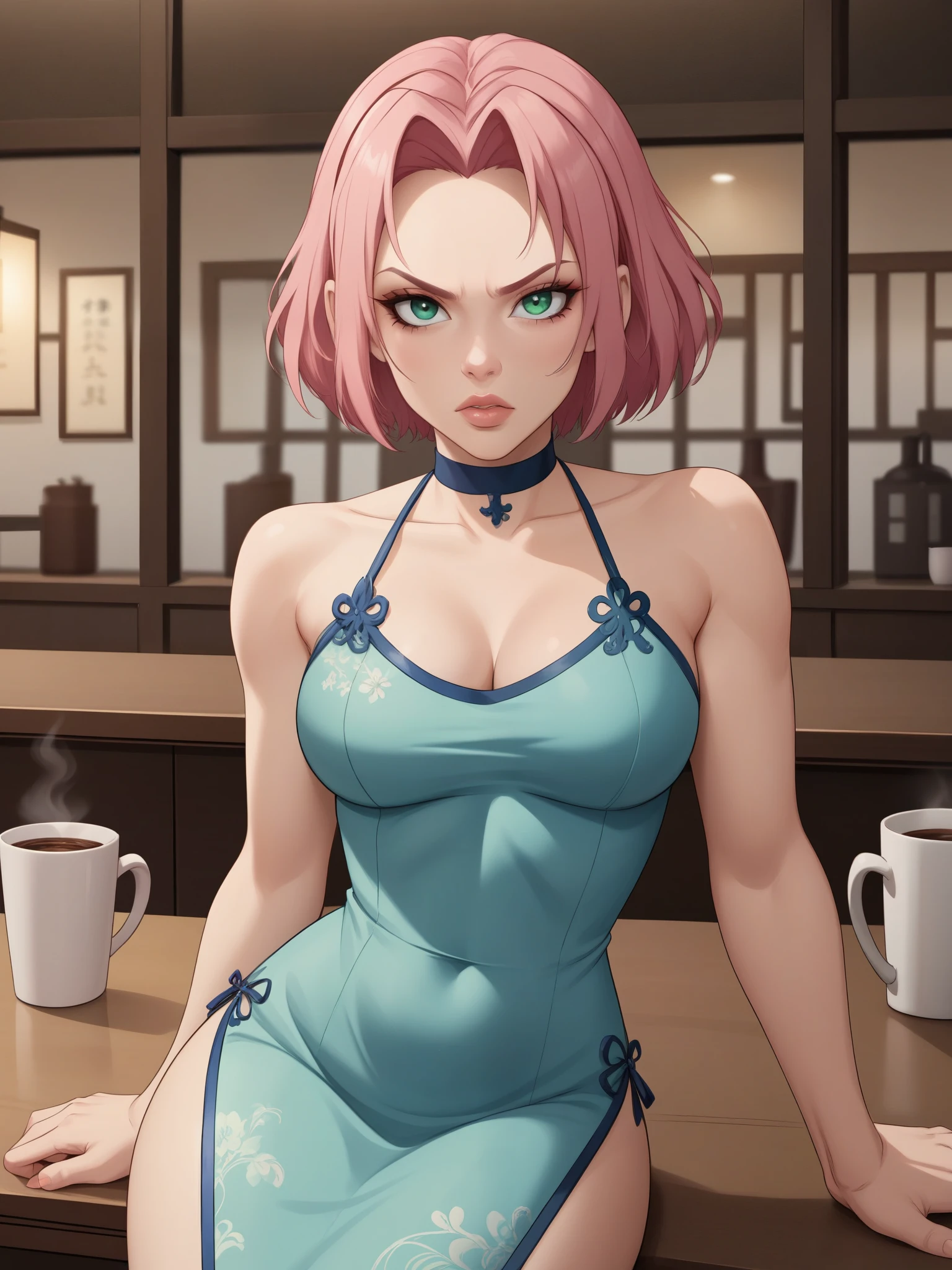 Haruno Sakura.short pale pink hair, large light green eyes, a large forehead, thin lips, small saggy breasts and very fair skin. A disdainfully angry expression on his face. choker. china dress. cafe. a cup of coffee and croissants. sitting. 
