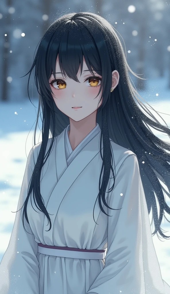 Japanese girls , pale skin, black hair ,long hair, white dress, beautifully face , horror smile, all background  snow 