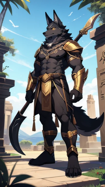 （（Anubis）），（grim Reaper）、masterpiece，high quality，（（（whole body））），Wolf Fur，（teenagerfurry），Wolf Tribe，teenager，jackal，（（Four arms）），Black Scythe，Golden Neck Armor、Black wolf helmet（Thick body），（（Narrow waist）），Pectoralis major，Long legs，Thick wolf tail，Mature Face，Beautiful golden eyes，Detailed body，Detailed legs，（Perfect hands），（Perfect legs），High resolution，No shirt，No underwear，（（Crotch ribbon）），（（slightly raised crotch）），（（（Mausoleum Background））），（Daytime），（Looking straight at the camera），（Serious face），（Landscape），subtraction&#39;art