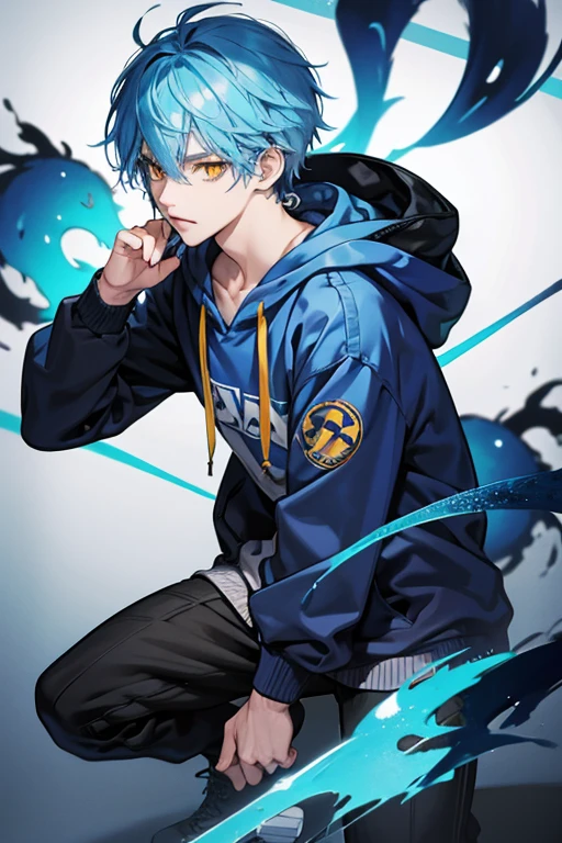 14-year old boy with blue-dyed messy hair, pale skin, wild red eyes, wearing a yellow hoodie with dark grey pants, and later a purple shirt, sometimes shirtless.