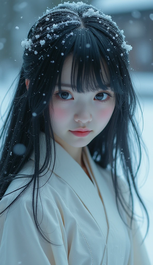 a young japanese girl, pale skin, long black hair, wearing a white dress, beautifully detailed face, horror smile, surrounded by a snowy background, (best quality,4k,8k,highres,masterpiece:1.2),ultra-detailed,(realistic,photorealistic,photo-realistic:1.37),detailed portrait,dark fantasy,dramatic lighting,moody atmosphere,winter landscape,snowfall,cold colors