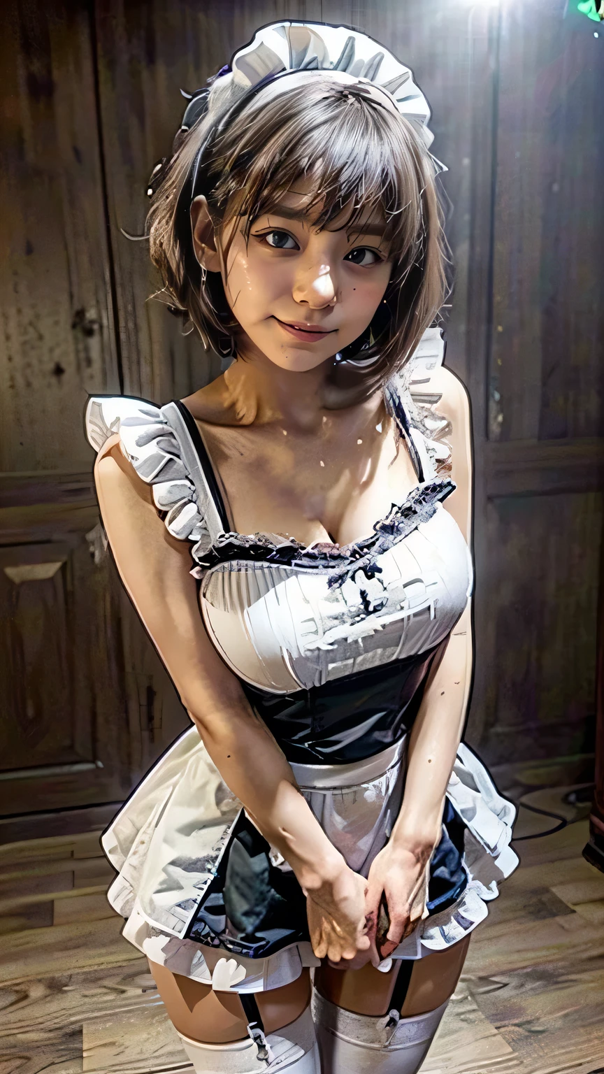 (Japanese maid cafe staff、Girl in maid outfit、Standing)、(Realistic、Like a photograph、Live Action、8k, Realistic, RAW Photos, Best image quality: 1.4), Single-lens reflex camera、RAW Photos, Highest quality, Realistic, Highly detailed CG Unity 8k wallpaper, Detailed border, Cinematic Light, Lens Flare, Ray Tracing, Realistic background、(Wearing maid uniform:1.2、Mini skirt maid outfit:1.4、Wear clothes that accentuate your bust size:1.3、Apron over skirt:1.5、Over the knee socks:1.2、Thin thighs)、(Carrying coffee)、(short hair、Shortcuts)、((Ultra-Dense Skin))、 (whole body:1.5)、(Squint your eyes and laugh、A big smile)、Pay attention to the details、Perfect outfit、Earrings、(White skin)、Accurate Arm、Accurate legs、Accurate anatomical body、Precise fingering、(View from below)