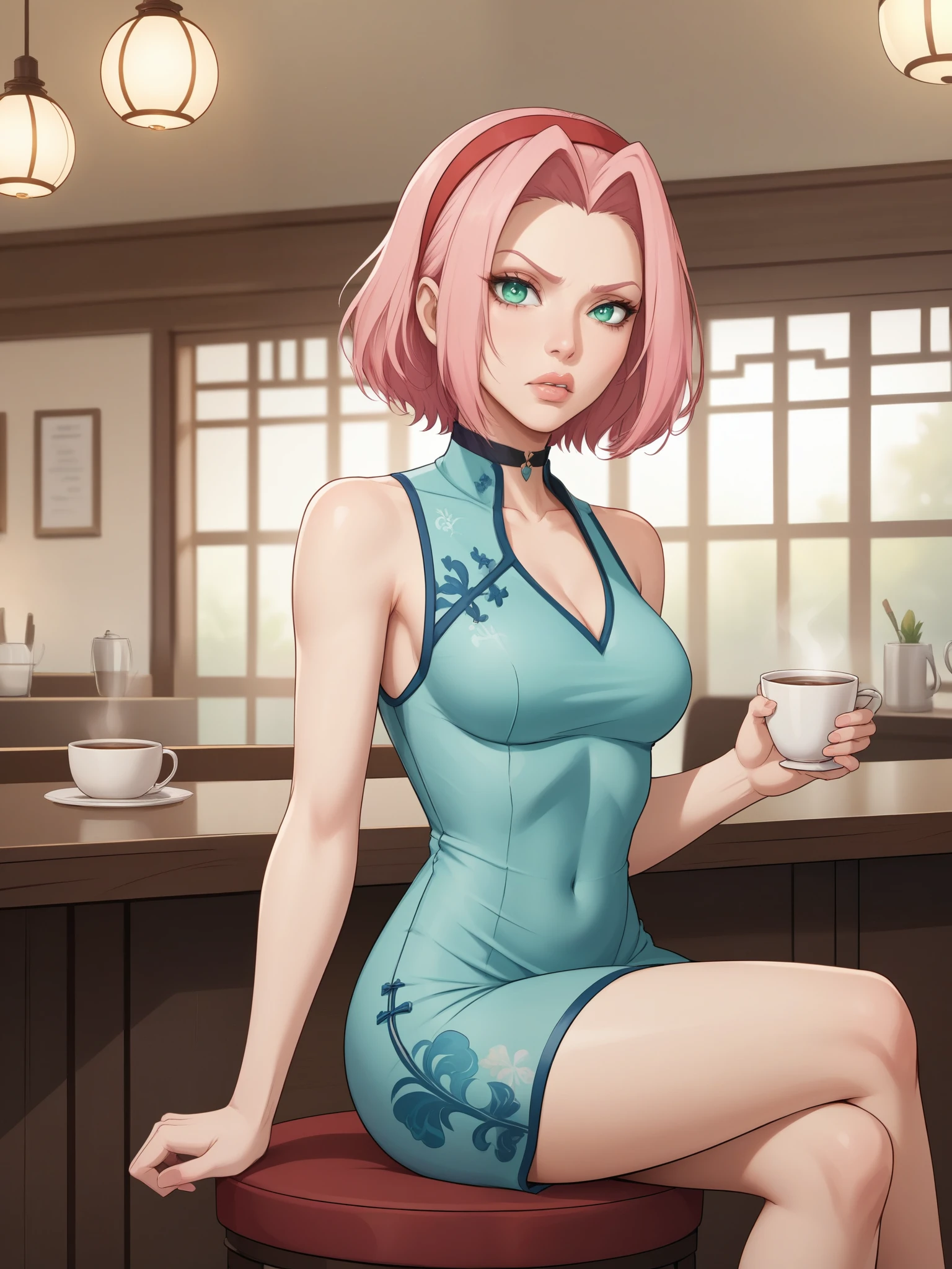 Haruno Sakura.short pale pink hair, large light green eyes, a large forehead, thin lips, small saggy breasts and very fair skin. A disdainfully angry expression on his face. choker. china dress. cafe. a cup of coffee and croissants. sitting. 
