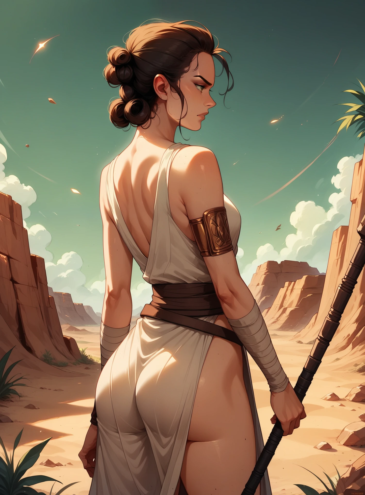 Rey Skywalker in a dynamic pose, wearing her desert scavenger outfit, with a focus on her prominent and shapely ass. She stands confidently in a vast, sandy desert landscape, holding her staff. Use a realistic yet stylized art style with warm, earthy colours."