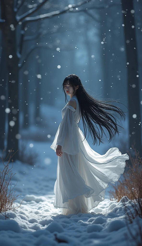 a young japanese women, pale skin, xtra long black hair, wearing a white dress, beautifully detailed face, horror smile, surrounded by a snowy background, (best quality,4k,8k,highres,masterpiece:1.2),ultra-detailed,(realistic,photorealistic,photo-realistic:1.37),detailed portrait,dark fantasy,horror lighting,heavy atmosphere,winter landscape,snowfall,cold colors