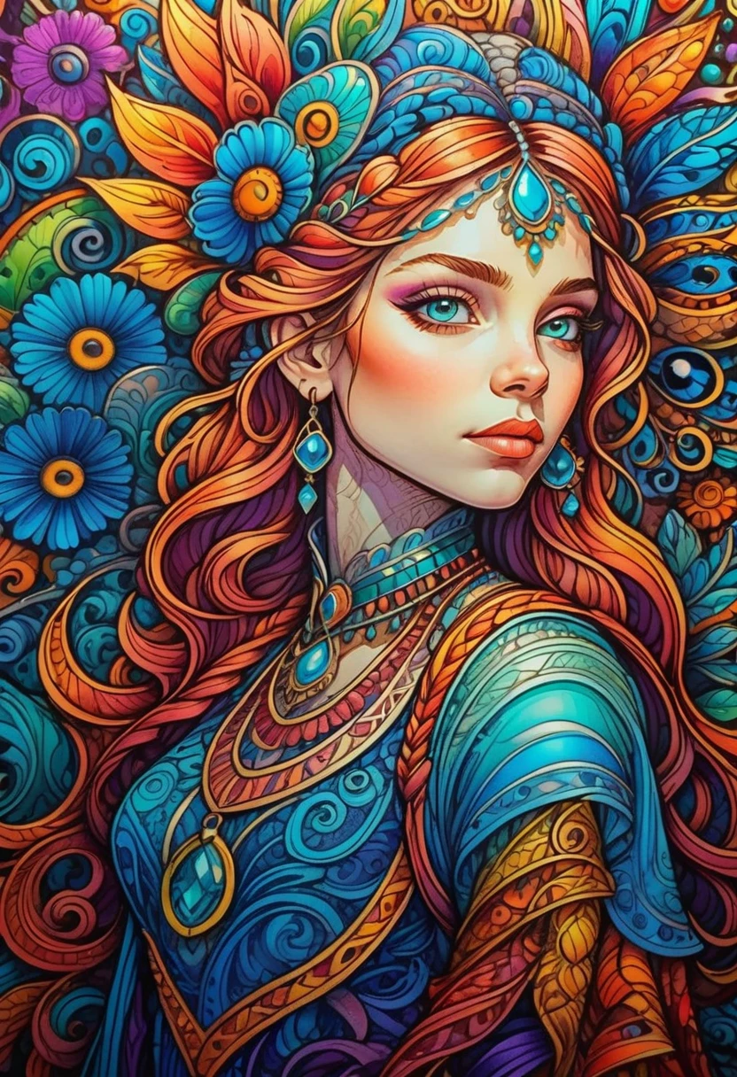 close shot bohemian princess, character portrait, backlit, vivid colors, vibrant colors,  intricate details, intricate line drawing, masterpiece 