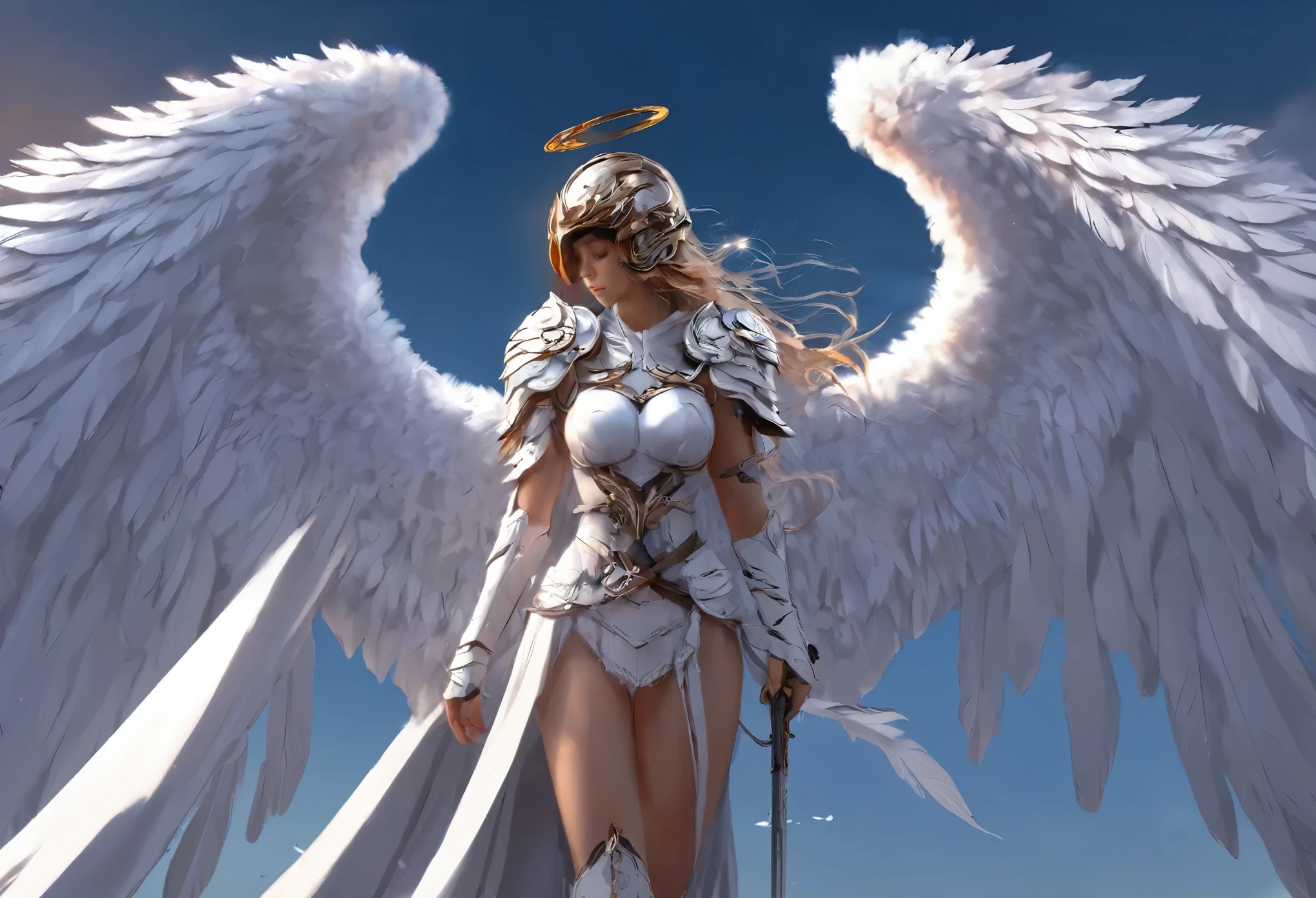 1girl angel Winged helmet mask angel_wings armor feathers_Long wing feathers_Hair Shoulder Armor Shoulder_Armor single piece_Wing separate upper part_The body is white_Theme White_Wings Wings